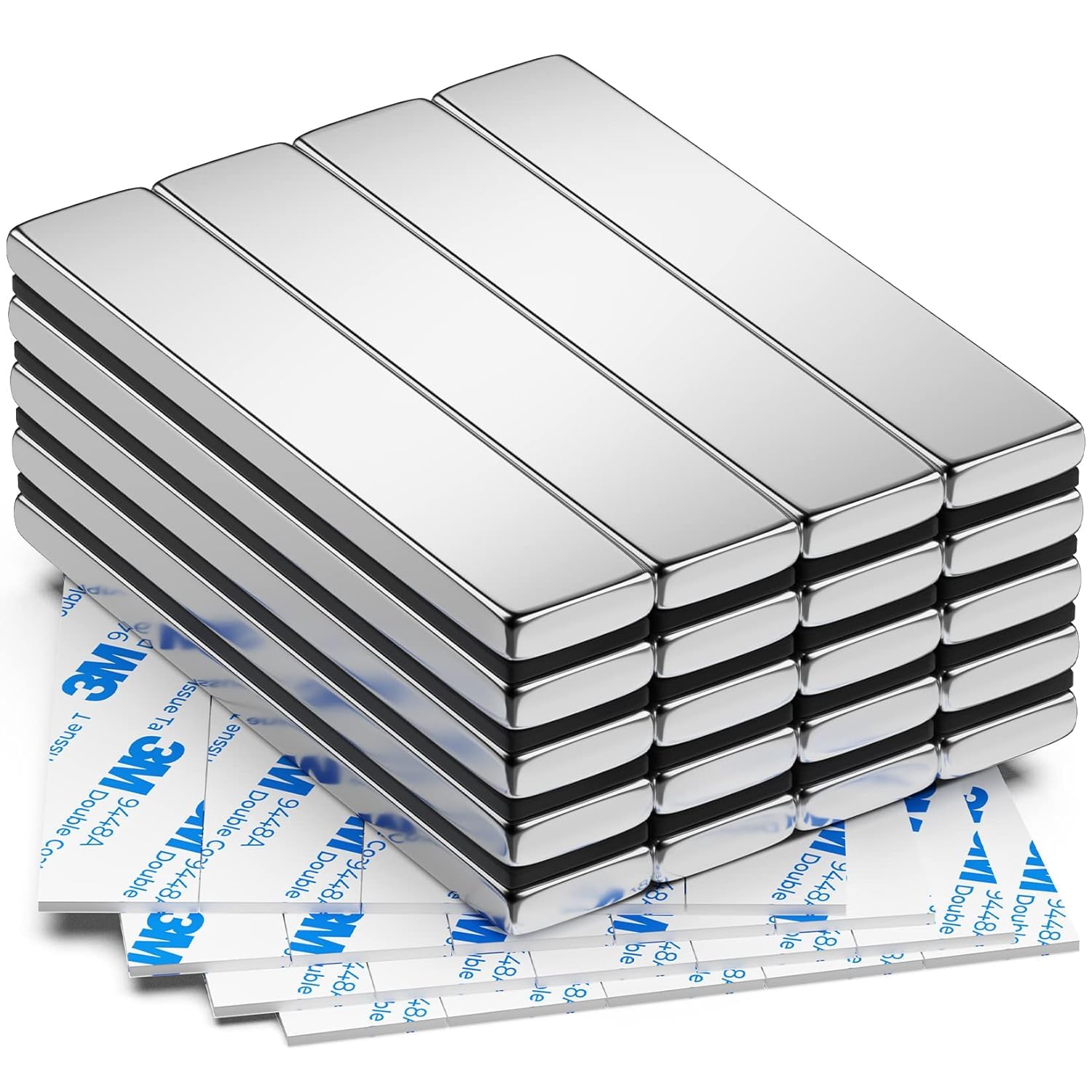 FINDMAG 20 Pack Magnets Strong, 60 x 10 x 3 mm Magnetic Strips, Neodymium Magnet, Magnetic Bar, Rare Earth Magnets with Double-Sided Adhesive, Extremely Powerful Fridge Magnetic Bar for Multi-Use
