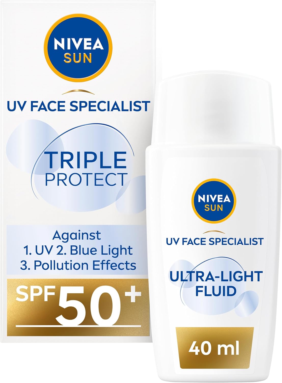 NIVEA SUN Triple Protect Light Sun Fluid SPF50+ (40ml), Face Sun Cream SPF50 with Hyaluron, Protects Against UV, Blue Light and Pollution, Daily Face Sunscreen