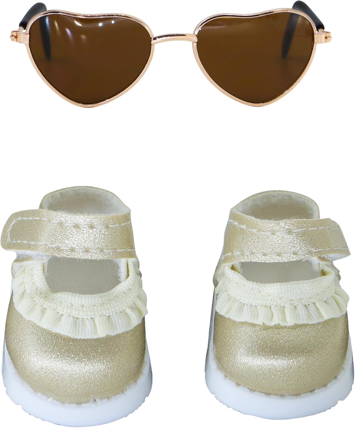 Suitable for 17cm Doll Clothing Accessory Set, Buckle Leather Shoes and Two-Piece Glasses Set (Gold)