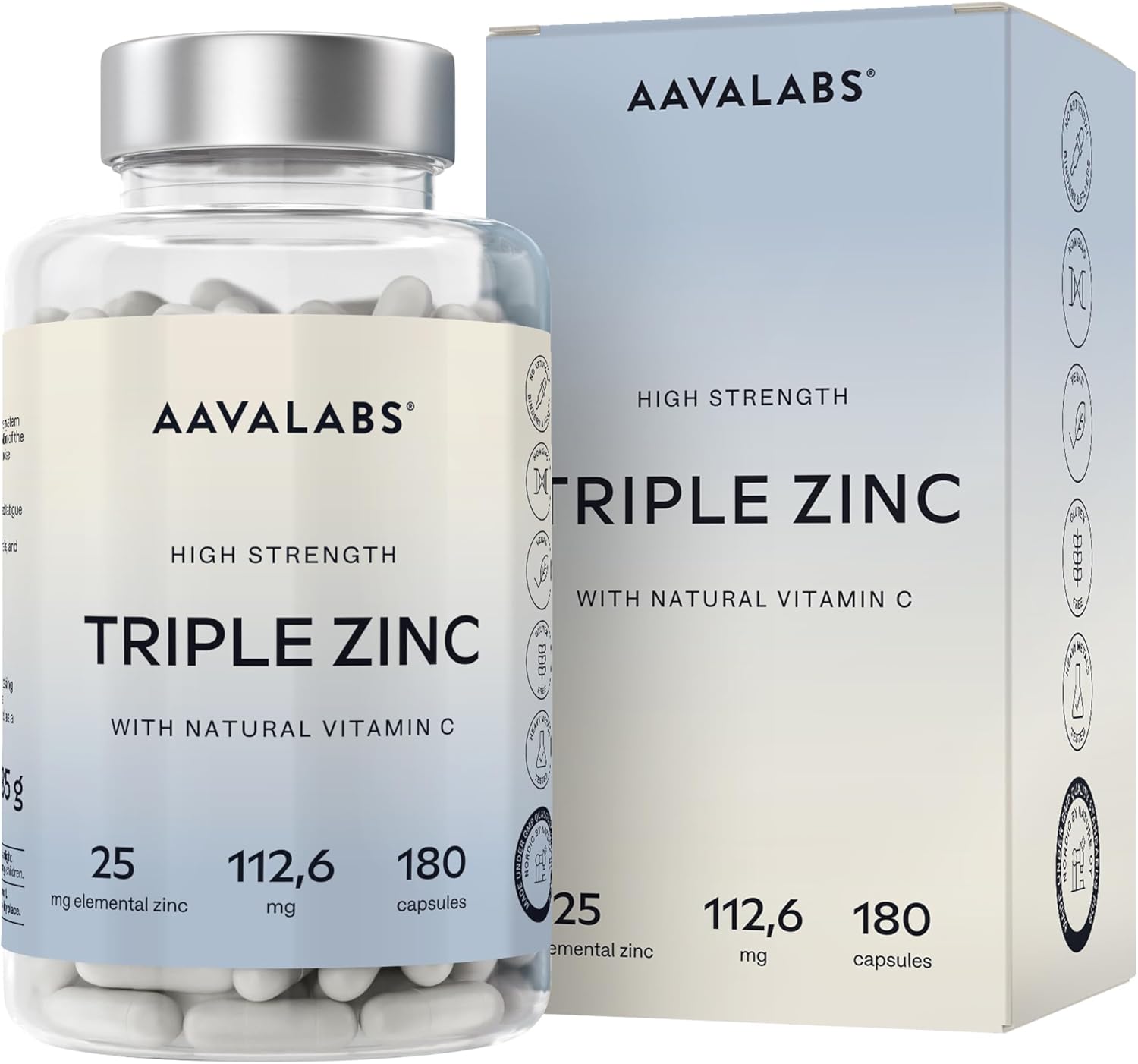 Triple Zinc 25mg - 3 Forms of Zinc with Natural Vitamin C - Zinc Picolinate, Zinc Bisglycinate and Zinc Monomethionine - 180 High Strength Zinc Tablets - 6 Months Supply - Zinc Supplements