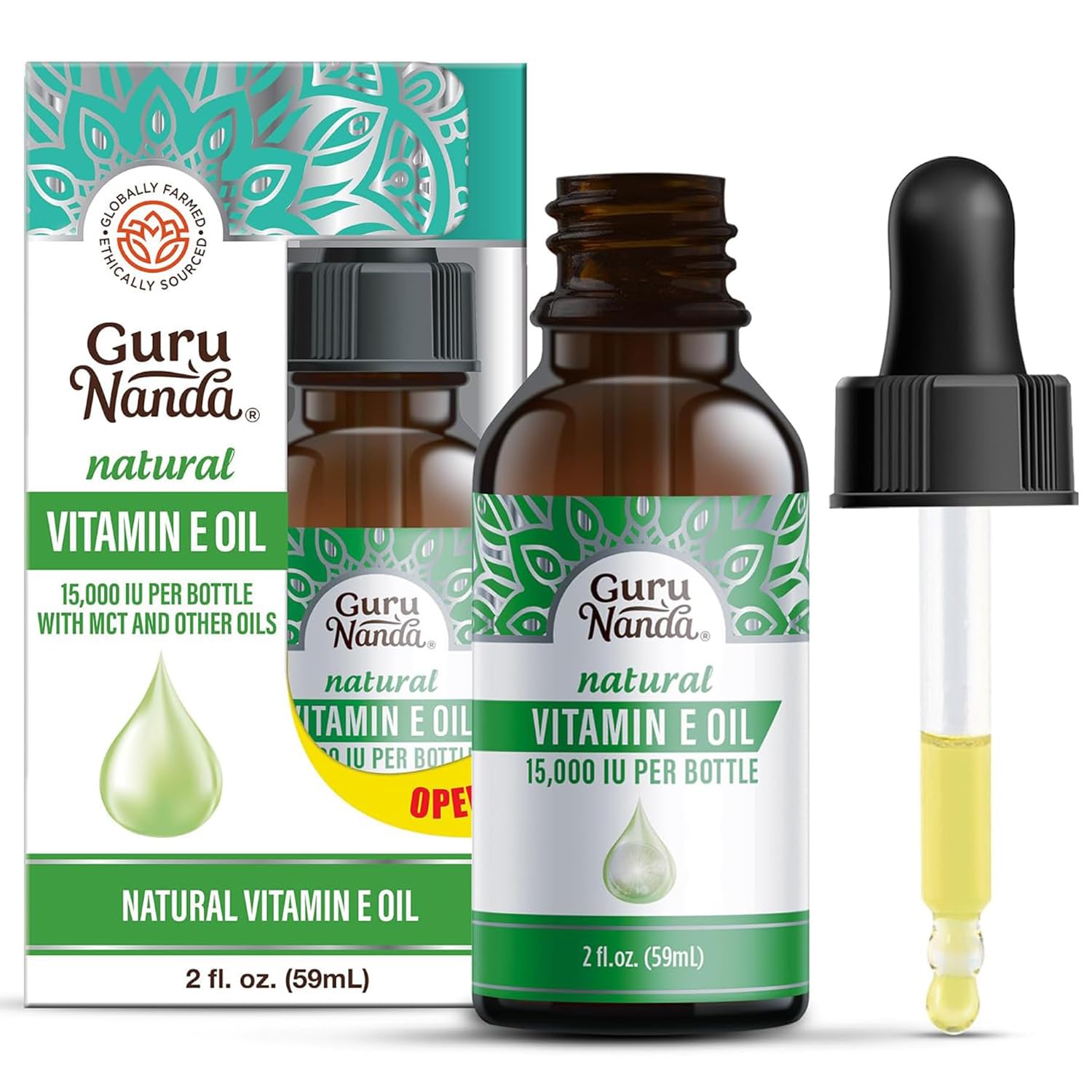 GuruNanda Vitamin E Oil, 2 Fl Oz Pure & Natural, 15,000 IU per Bottle, for Skin, Hair, Face, Nails & Scars, With Coconut Oil to Help Nourish & Moisture, Non-GMO & Vegan