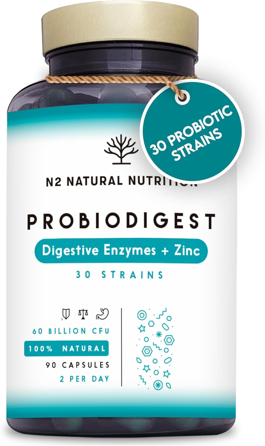 Probiotics Complex 60 Billion UFC, 30 Strains with Digestive Enzymes Plus Prebiotics and Zinc. Bacterial Cultures, Helps Immune System. with lactobacillus. 90 Capsules. CE. N2 Natural Nutrition