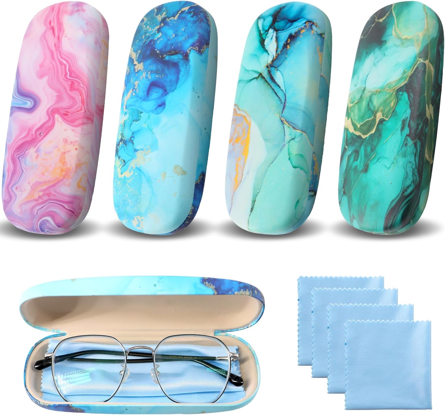 ZOCONE 4 PCS Glasses Case Hard Shell Spectacle Cases with 4 Cleaning Cloth, Portable Eyeglass Case Hard Shell Glasses Case for Women Men