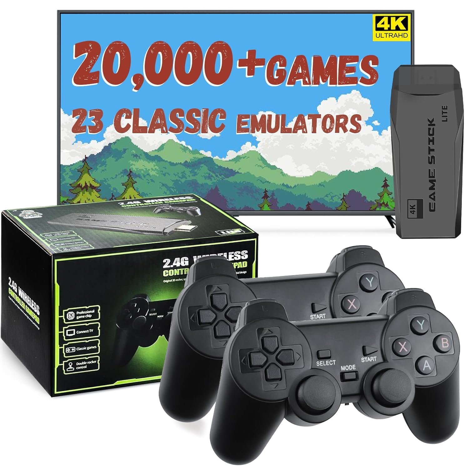 New Retro Gaming Console & Game Stick Pro - 40,000+ Classic Video Games, 23 Emulators, Dual Wireless Controllers, 4K HDMI Output, Plug & Play, Compatible with TV, PC, Projector, 64GB