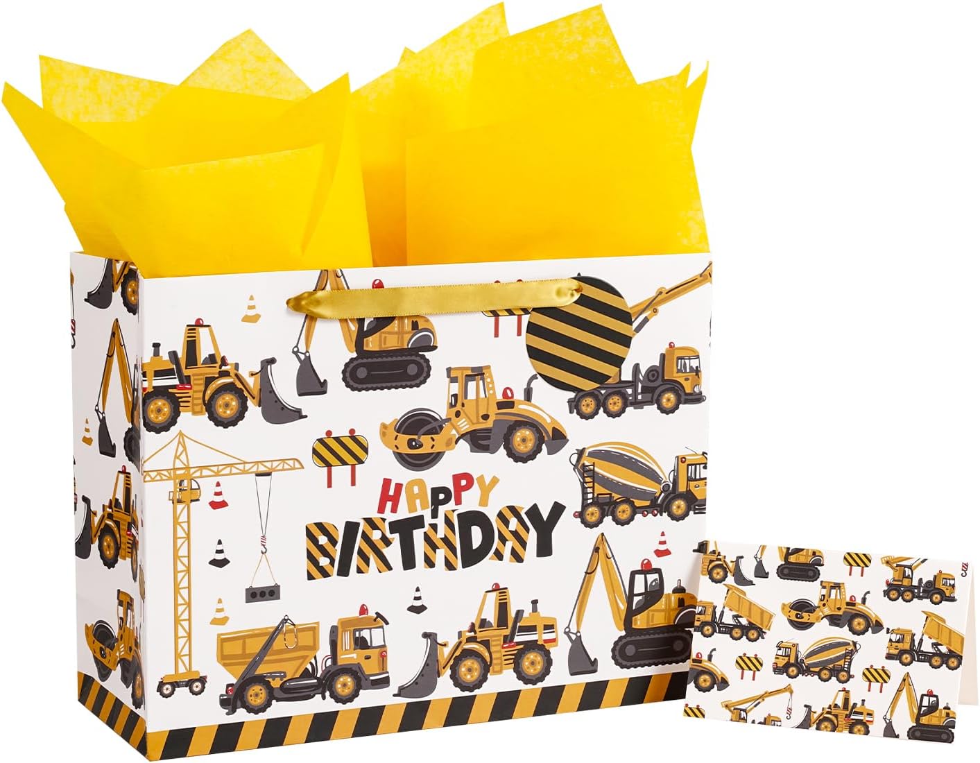 Loveinside Construction Truck Birthday Gift Bag for Boys, Excavator, Dump Truck & Crane Design, Medium Size Bag with Tissue Paper, Greeting Card, Ideal for Kids' Birthday, 13" x 5" x 10", 1 Pcs