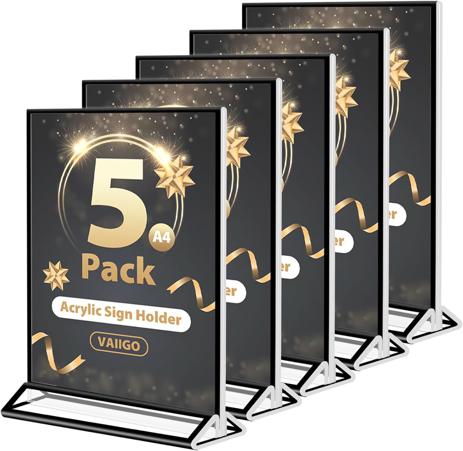 VAIIGO A4 Acrylic Sign Holder 5Pack Poster Menu Holders for Table, Double Sided Perspex Display Stand for Wedding, Restaurant, Bar, Hotel, Office, Store Sign Holder, Black