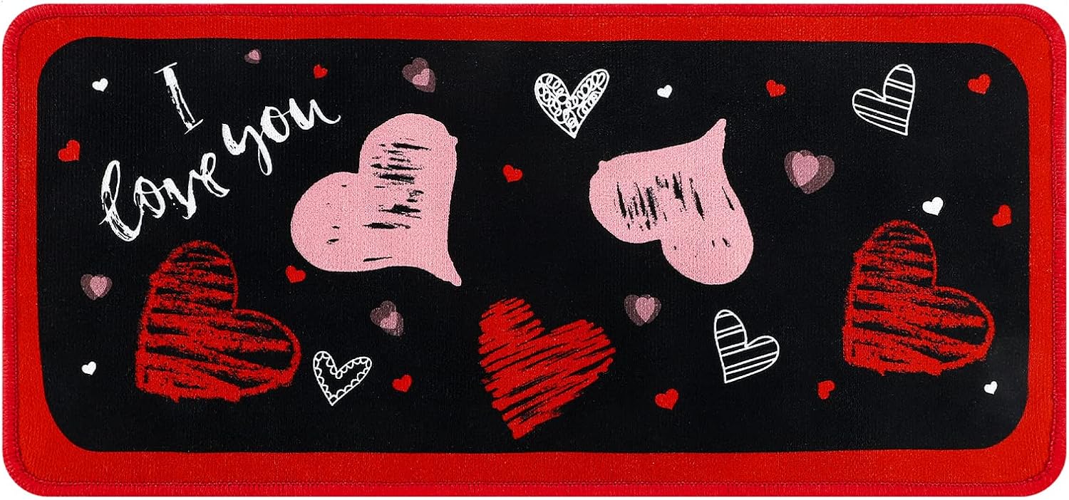 Valentines Doormat Heart Door Mat Indoor Outdoor Entrance Heart Rug Carpet Non Slip Kitchen Bathroom Welcome Mat for Valentines Day Decoration Anniversaries Celebrations Doormat, 22 x 10 Inches