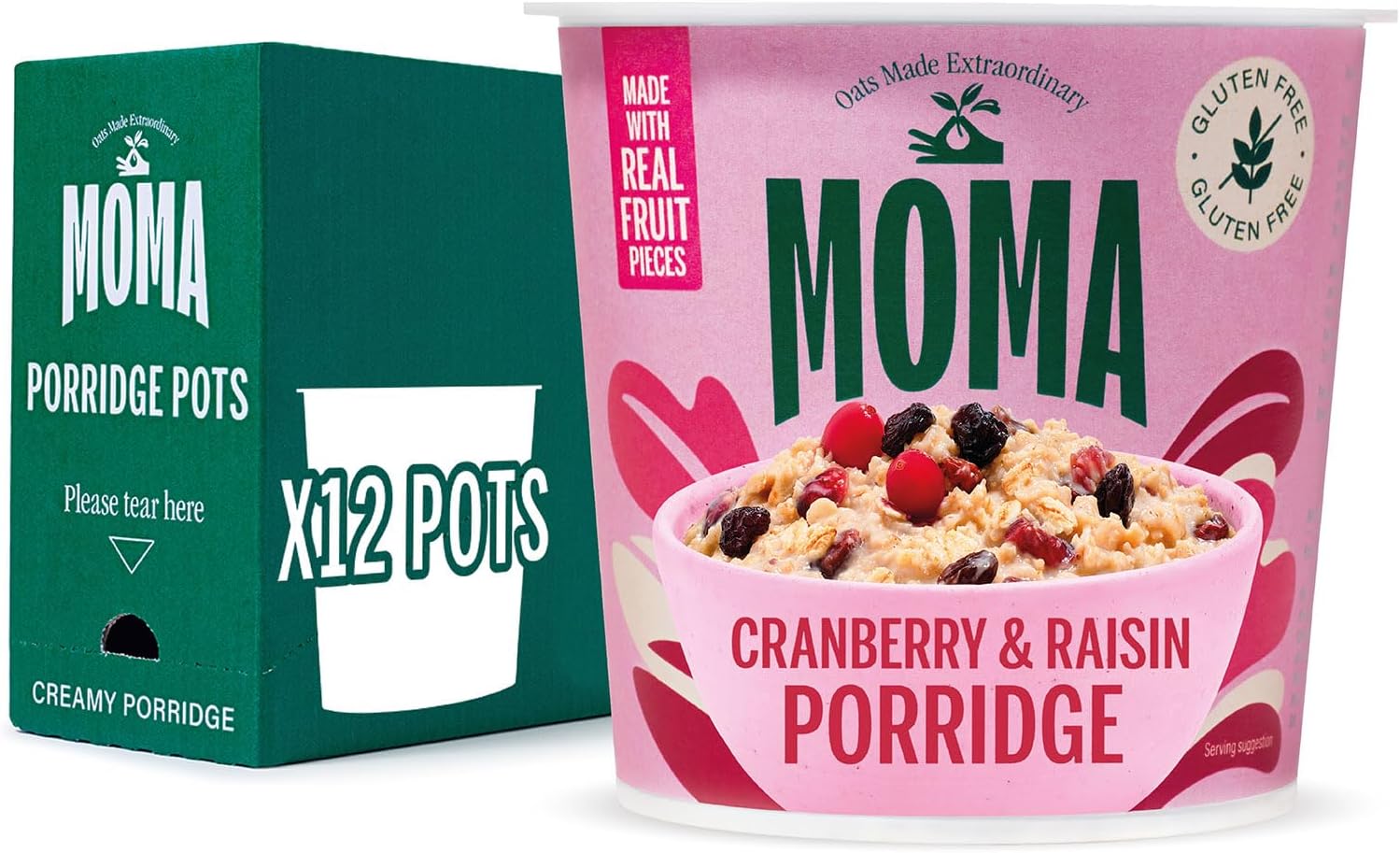 MOMA Instant Porridge Pots CRANBERRY & RAISIN - Pack of 12 x 70g - Breakfast Jumbo Oat with Real Fruit - Gluten Free, High in Fibre, Source of Protein & Rich in Vitamin B6 - Made in UK