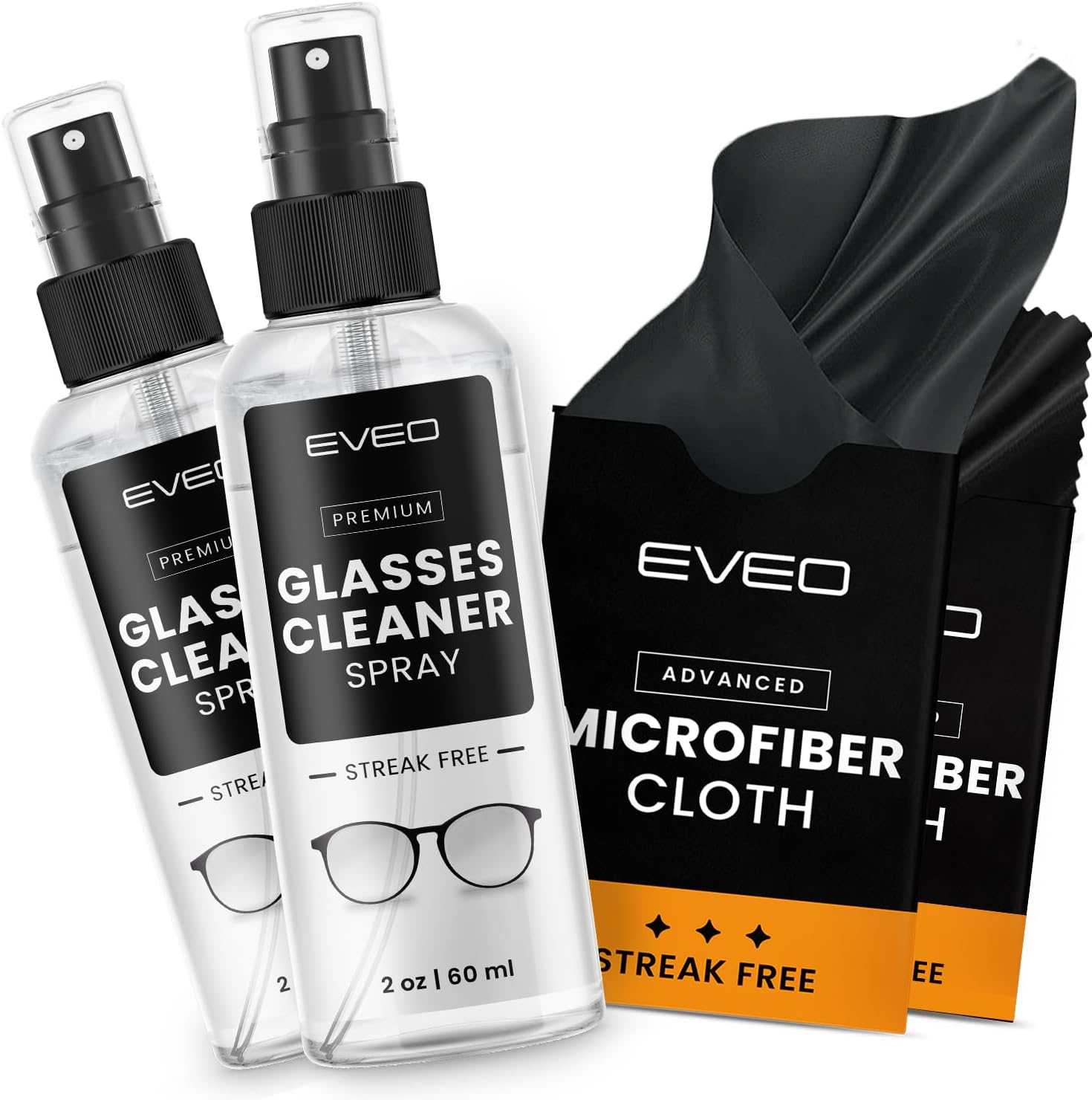 EVEO Glasses Cleaner Spray - Eyeglass Cleaner (No Streaks)| x2 Eye Glass Cleaners Spray + x2 Lens Cleaner Microfiber Cleaning Cloth, Glasses Cleaning Kit Eye Glasses Cleaner Spray & Cloth - 4oz(2ozx2)