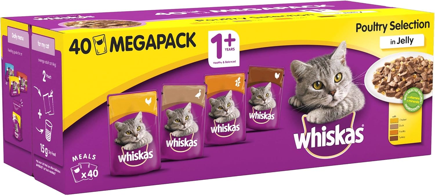 Whiskas Wet Cat Food Pouches, Delicious and Tasty Poultry Selection in Jelly, Suitable for Adult Cats Aged 1+, (40 x 100 g)