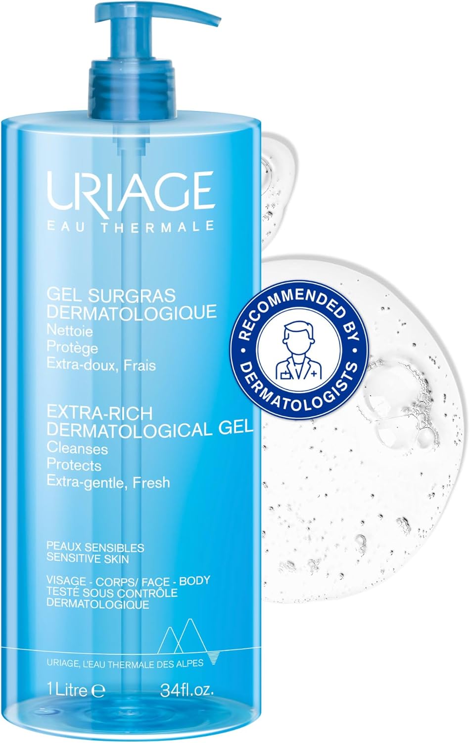 Uriage Extra-Rich Dermatological Cleansing Gel 1L - Fresh Face & Body Foaming Cleanser - Sensitive & Dry Skin - Hydrates & Preserves the Hydrolipidic Film - Paraben & Soap-Free - Physiological pH