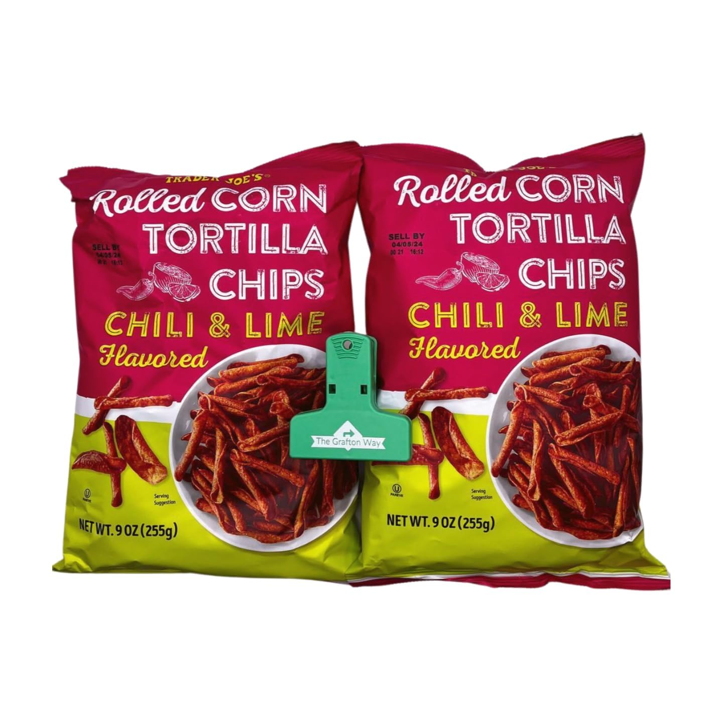 Trader Joe's Rolled Corn Tortilla Chips Chili & Lime Flavored with Grafton Way Chip Clip (2 Pack)