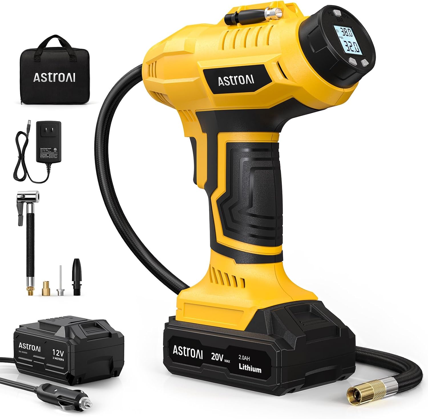 AstroAI Cordless Tire Inflator Air Compressor 20V Rechargeable Battery Powered 160PSI Portable Air Pump with 12V Car Power Adapter Digital Pressure Gauge for Cars Motorcycles JY16P160-18(C2)Yellow