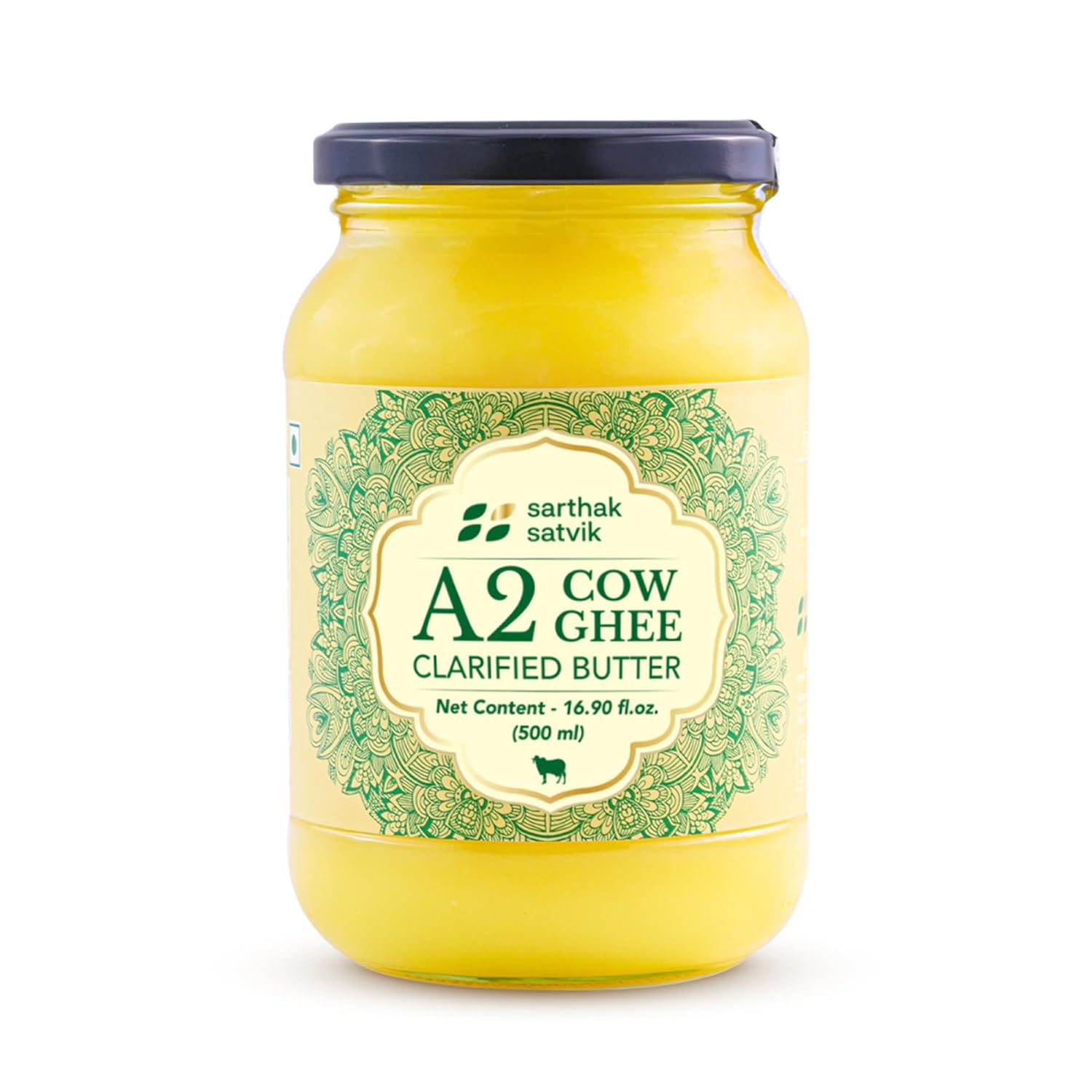 Sarthak Satvik A2 Cow Ghee Grass Fed Clarified Butter, 16.90 Oz Unsalted and Original, Ancient Bilona Made, Free Grazing, Desi Ghee, Pasture Raised Indigenous Breed Cows, Sustainably Sourced, 500 ml