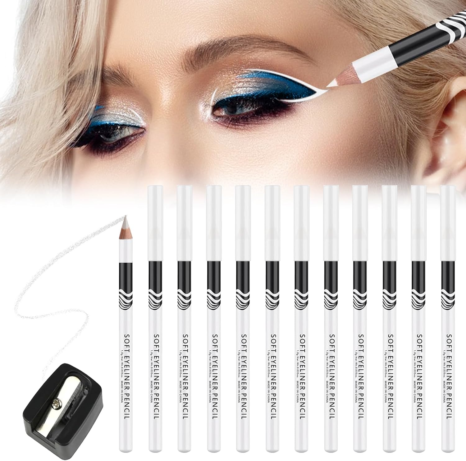 FEXPDL White Eyeliner Pencil 12 Pack with Sharpener, White Eye Liner Pencils Waterline for Skin Marking Eyeshadow Highlighter Waterproof Long Lasting Eyeliner Pencils for Eye Makeup