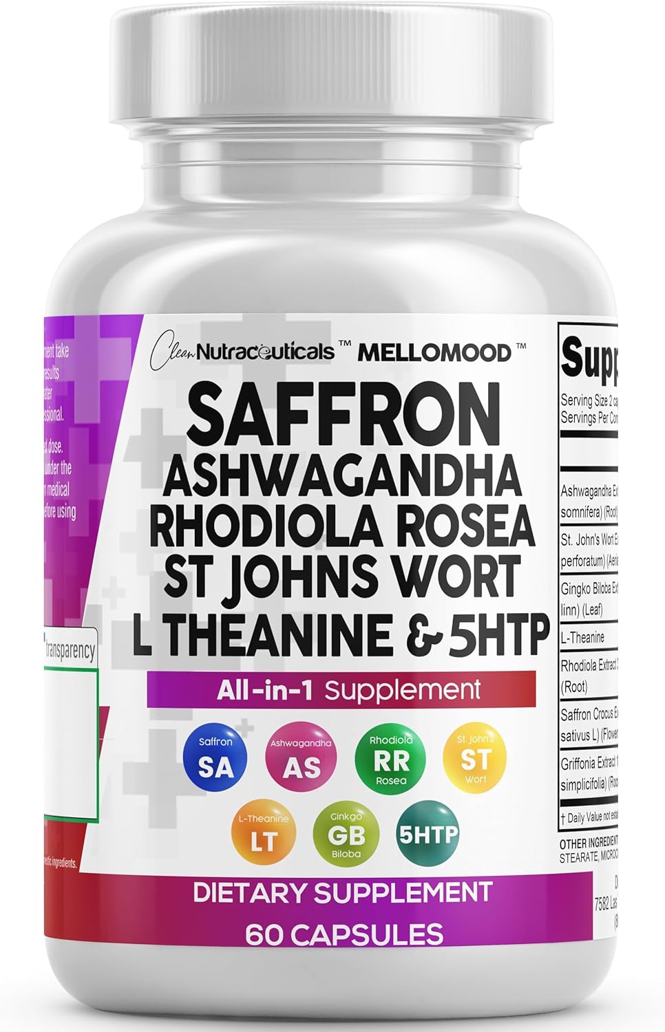 Clean Nutraceuticals Saffron Supplements with Ashwagandha - Mood Support with L-Theanine, Ginkgo Biloba, St. John's Wort, Rhodiola Rosea & 5-HTP - Saffron Pills