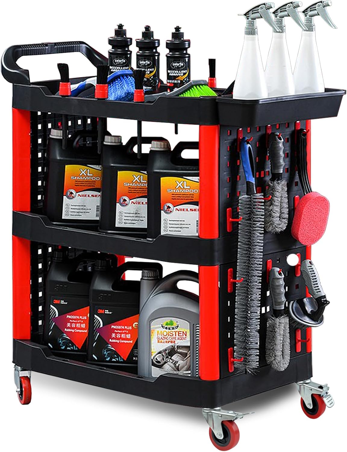 Tool Trolley On Wheels, 3-Tier 200Kg Load Capacity Utility Service Cart, Tool Storage Rolling Cart, Heavy Duty Craft Trolley for Garage Workshop Warehouse (PP 68x48x97.5)