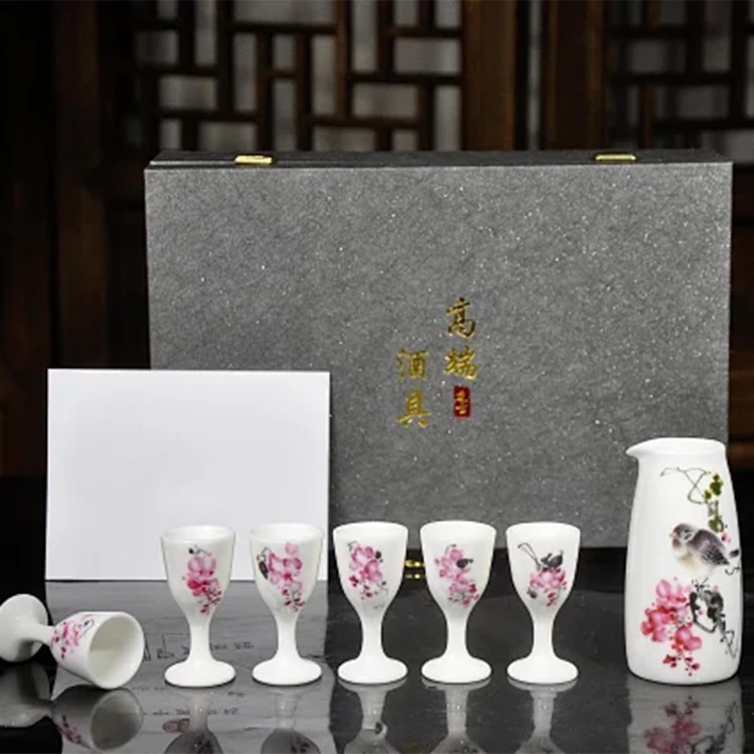 SyLabY 8 Pieces Set Ceramic Wine Pot Wine Glass Set Liquor Spirit Porcelain 1 Pot 6 Cups Set Handmade Artwork Chinaware Cups Set Gift For Husband, Dad Boyfriend, Workmate