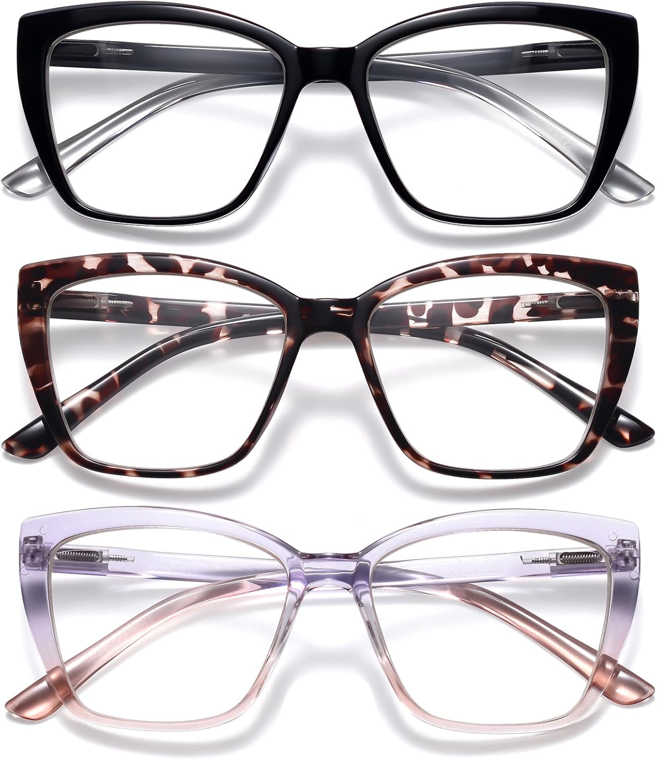Reading Glasses Women, 3 pack Fashion Oversized Blue Light Readers Women, Spring Hinge Cat Eye Glasses Anti Eyestrain