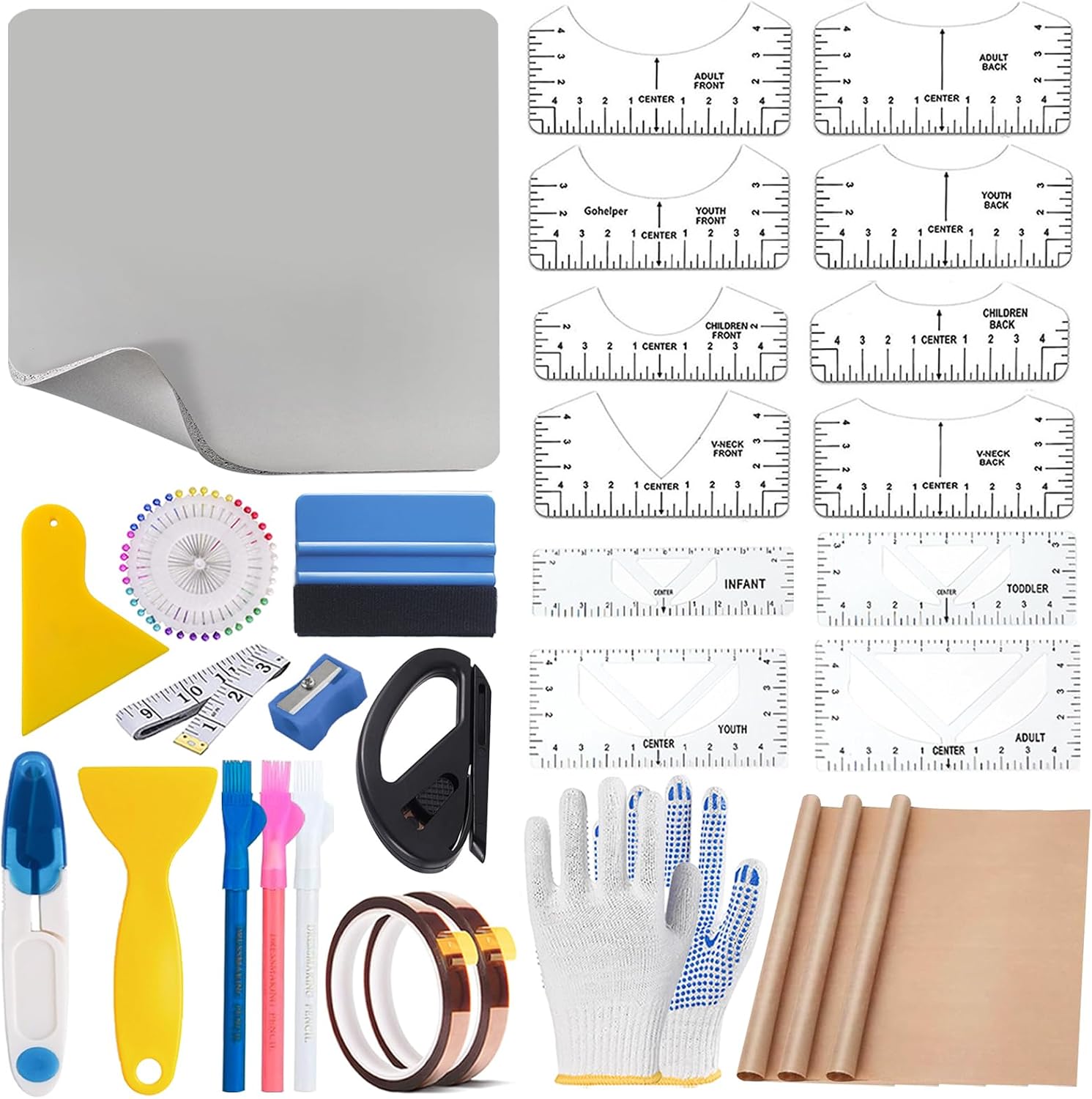 Sublimation Shirts Tool Kits for Vinyl Alignment,Heat Press Mat Pad Silicone,T-Shirt Rulers Guide and Teflon Sheet for Cricut Heat Press HTV Vinyl Center Designs,Craft Sewing Accessories