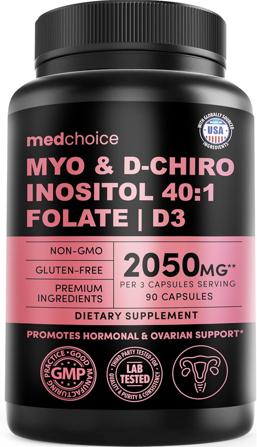 4-in-1 Inositol Supplement for Women - 40:1 Ratio Myo-Inositol & D Chiro Inositol Capsules with Folate, Vitamin D3 - Vegan Blend for Daily Routine and Hormone Support - (90 Count) (Pack of 1)