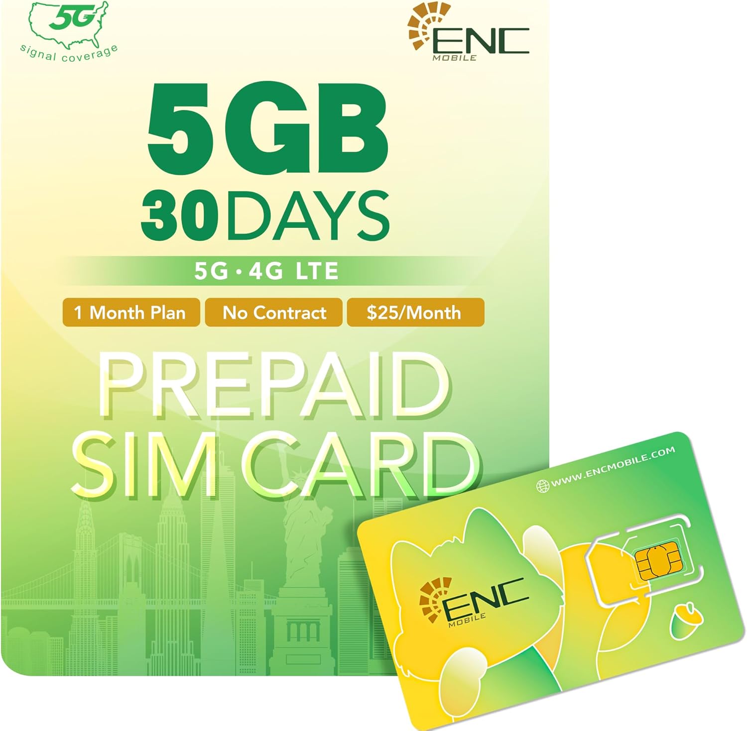 Prepaid SIM Card USA $25/mo - 5GB/Mo. 5G/4G LTE Data + One SIM Dual Number (US & China) + Unlimited US/China/Canada/Mexico Talk & Global Text, Wi-Fi Calling, 3 in 1 SIM Card Included