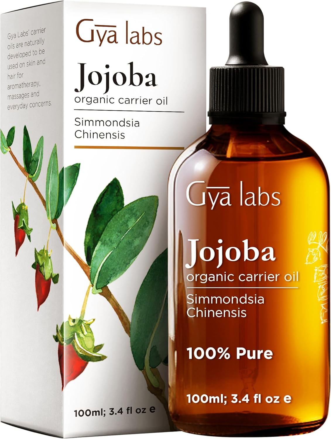Gya Labs Organic Jojoba Carrier Oil for Skin - 100% Pure Natural Jojoba Oil Organic Unrefined - Jojoba Oil for Hair, Body, Ear Stretch, Nails, Makeup Remover & Facial Moisturizer (100ml)