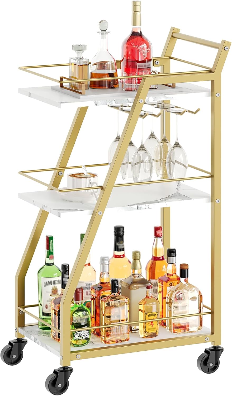 YATINEY Bar Cart, Drinks Trolley with Glass Holder, Serving Trolley on Wheels, Small Gold Bar Cart, Drinks Cart for Bar, Kitchen, Dining, Marble White and Gold XBC03DW