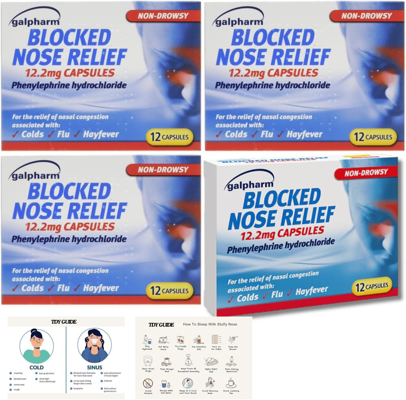 Blocked Nose Relief (4 Pack) 48 Capsules, TDY Bundle Including Cold & Flu + Stuffy Nose Tips Guides