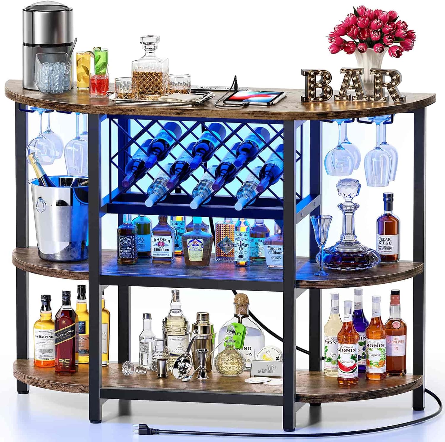Zarler Bar Table Cabinet with Power Outlet, LED Home Mini Bar Cabinet for Liquor, Metal Wine Bar Stand with 4-Tier Storage, Easy to Assemble, Brown
