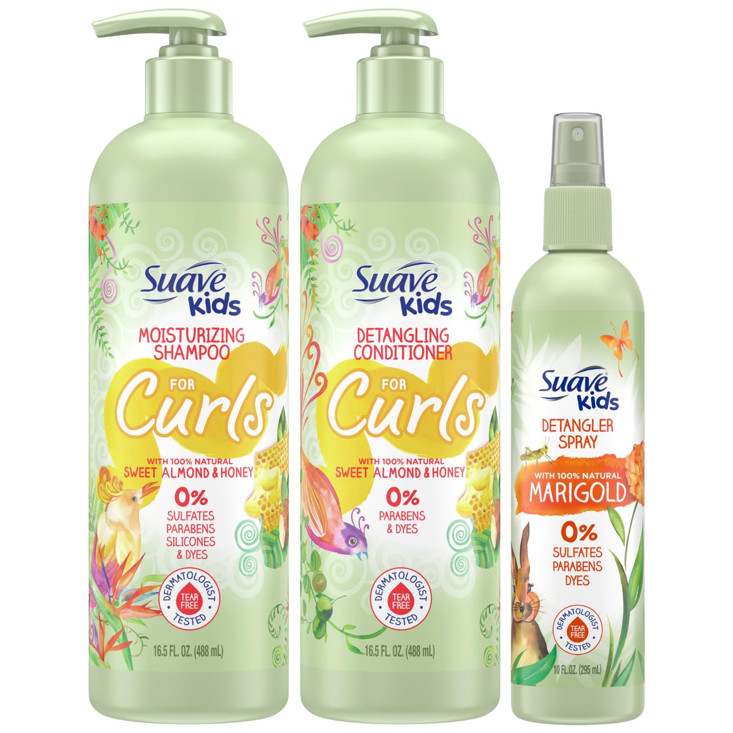 Suave Kids Shampoo & Conditioner for Curls, Sweet Almond & Honey 2-Pack + Detangler Spray for Kids with 100% Natural Marigold, Dermatologist-Tested & Tear Free