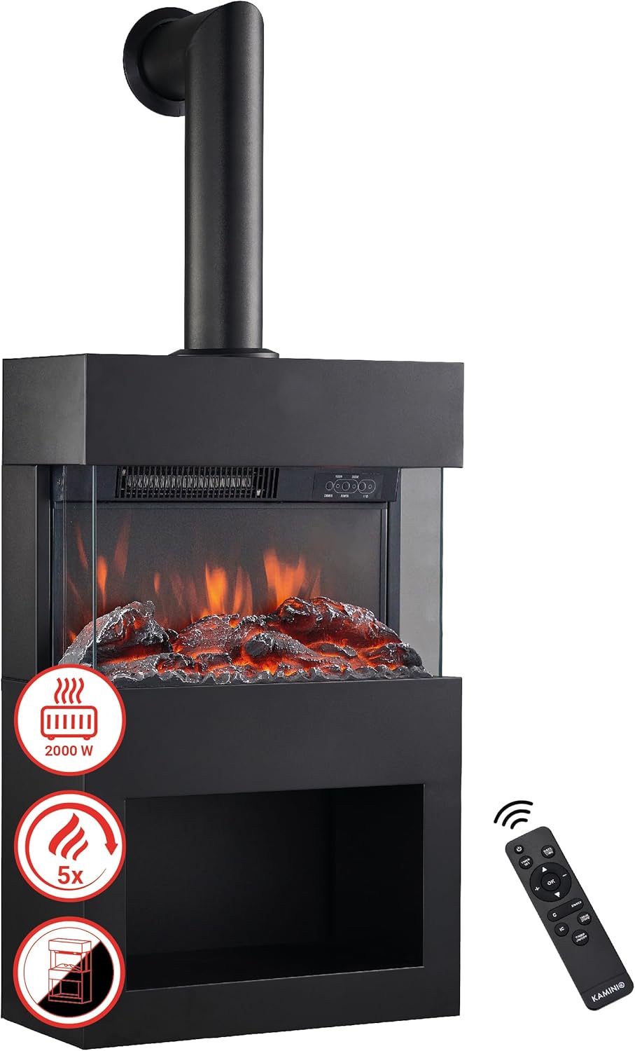 KAMINIO Electric Fireplace HENRI with Stove Pipe - Electric Stove with Heater, 3D Flame Effect, Wood Storage Compartment, Remote Control (Black)