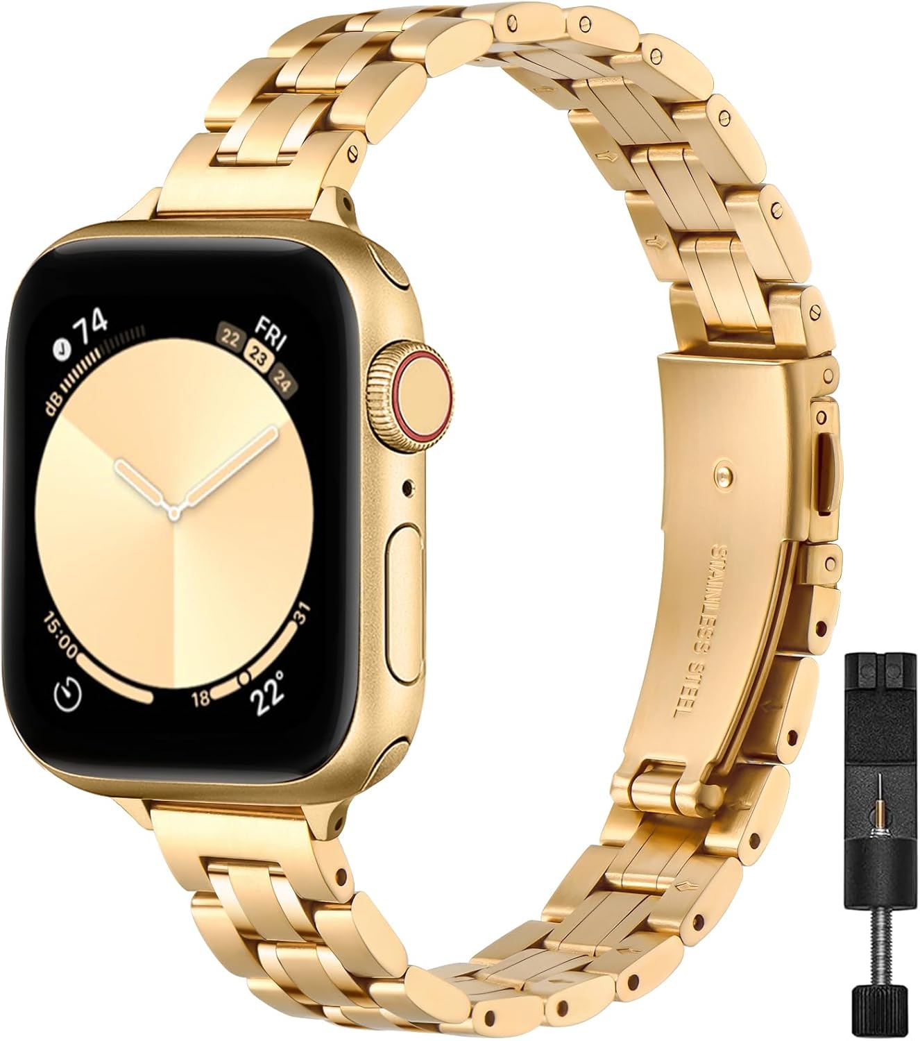 STIROLL Thin Replacement Band Compatible for Apple Watch 49mm 46mm 45mm 44mm 42mm(Series 3 2 1), Stainless Steel Metal Wristband Women Men for iWatch Ultra SE Series 10 9 8 7 6 5 4, Gold