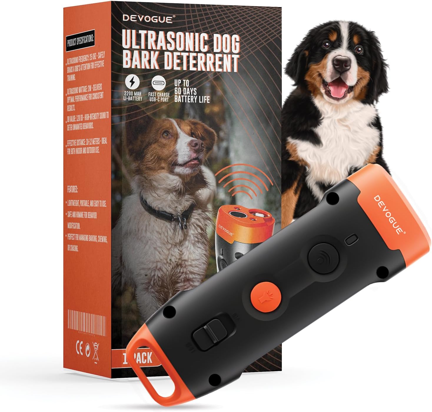 Devogue Dog Bark Deterrent Devices – Rechargeable Anti Barking Device for Dogs – 10 to 12 Meter Long Range Ultrasonic Dog Bark Deterrent - Correct Your Dog's Bad Behavior Instantly with A Button