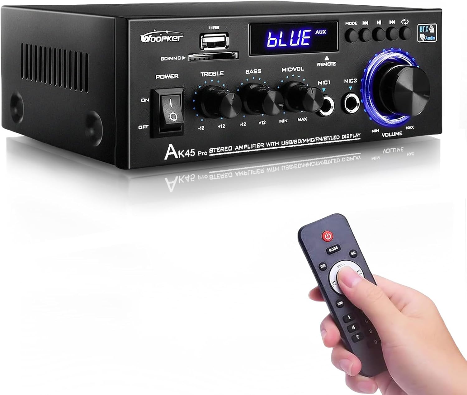 AK45 Pro Stereo Amplifier Home Audio Stereo Receivers with Bluetooth 5.0, Rated Power 50W x2, Max 400W, 2.0 Channel Audio Receiver for Home Theater Speakers w/USB/SD/RCA/2 MIC in for Karaok