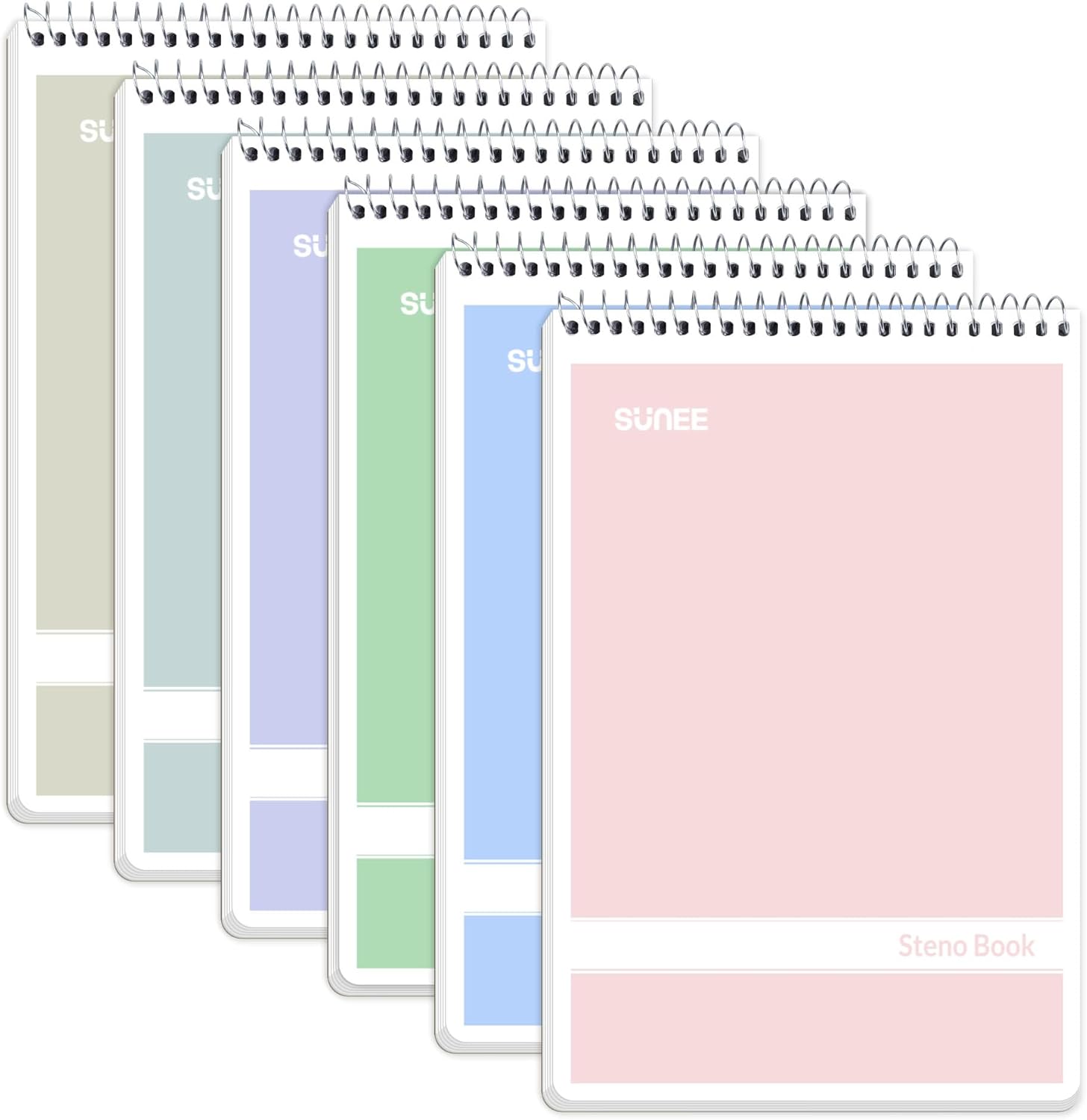 SUNEE Steno Pads 6x9 6 Pack, Gregg Rule, 60 Sheets, 6 Assorted Color Spiral Notebook 6x9, White Paper, Take Notes with Top Spiral Notebook, for School, University, College, Work, Office