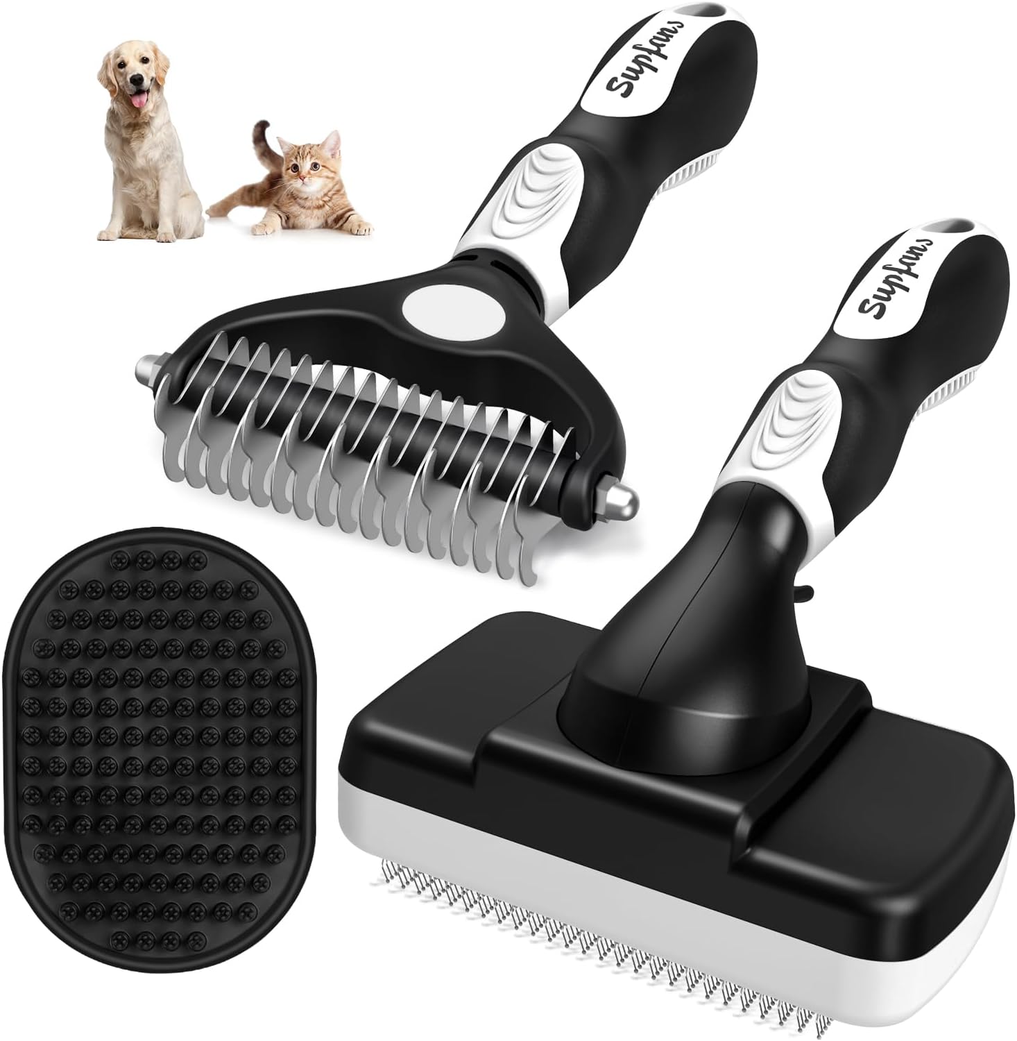 3PCS Dog Brush I Dog Brush for Shedding I Deshedding Dog Brush I Dog Bath Brush I Slicker Brush For Dogs I Dog Comb (White Black)