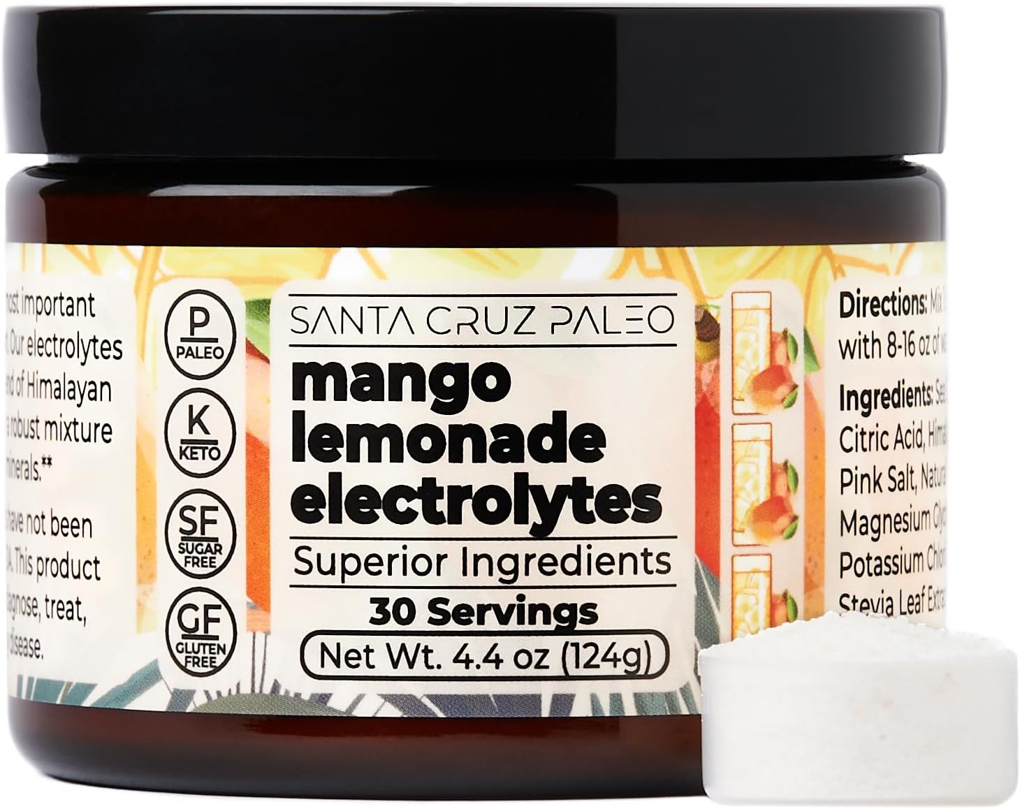 Santa Cruz Paleo Electrolyte Powder, Mango Lemonade Flavor, Sugar Free Hydration Drink Mix with Himalayan Pink Sea Salt, Magnesium Glycinate, Potassium Chloride, Sweetened with Stevia, 30 Servings