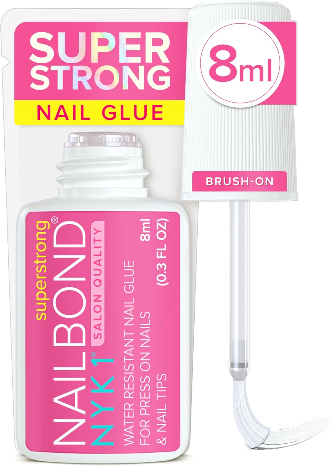 Super Strong Nail Glue for Press On Nails, Tips & False Nails (8ml) NYK1 NailBond Brush On Nail Glue Extra Strong for Press Ons, Tips & Acrylics - Long Lasting, Maximum Strength, Mess-Free Application
