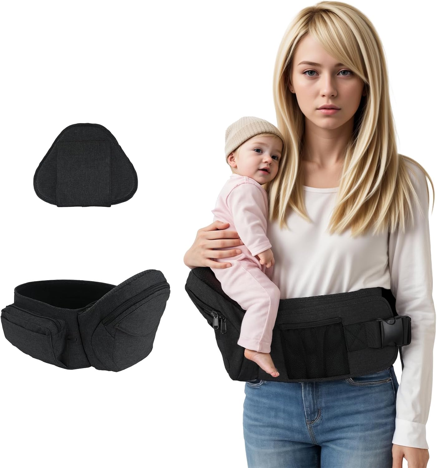 Ergonomic Hip Seat Baby Carrier with Waist Support, Lightweight Baby Hip Carriers from Newborn to Toddler, Adjustable Baby Waist Stool Seat for 6 Months Plus (Black)
