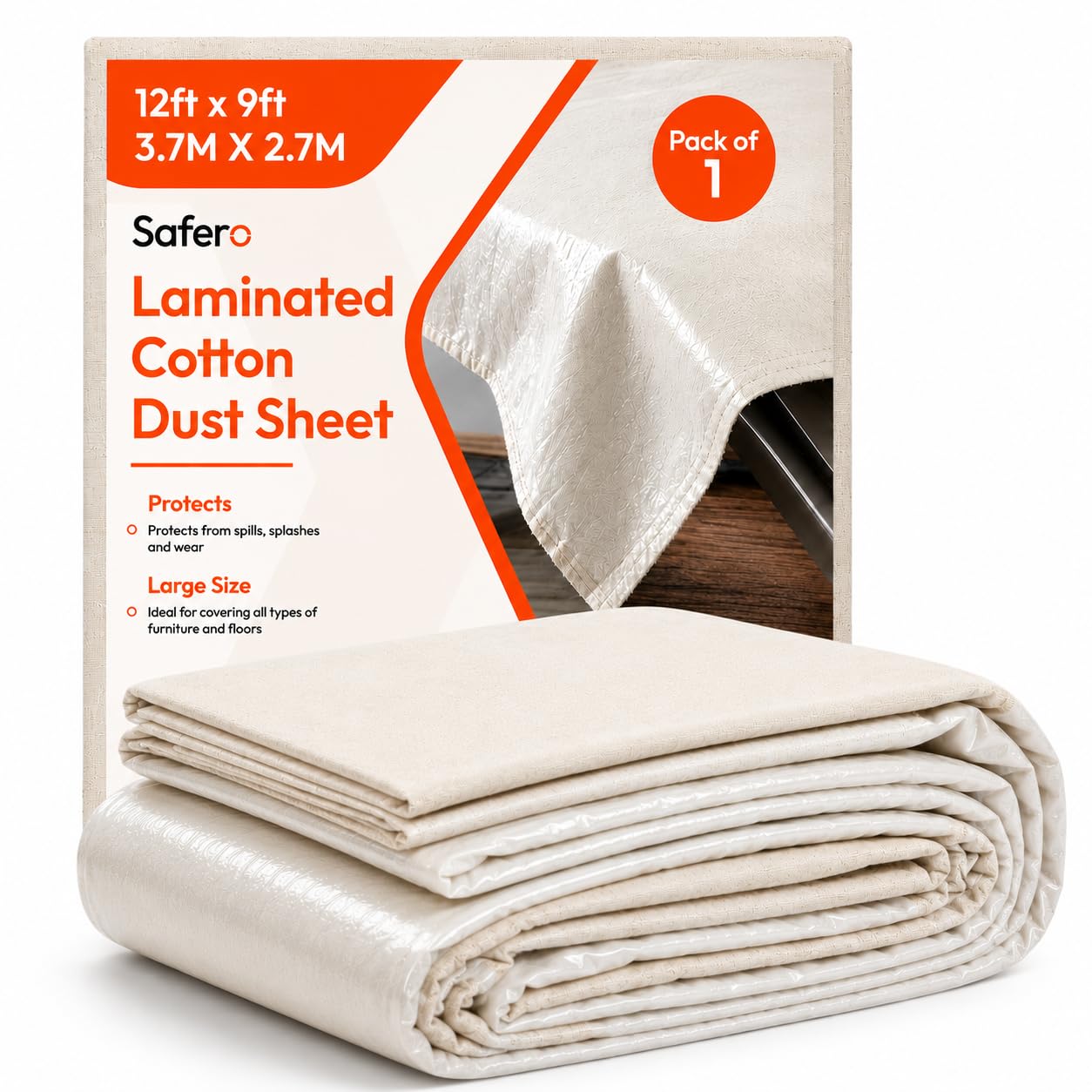 Laminated Cotton Dust Sheets for Decorating & Painting Size 12ft X 9ft | Paint Cover Sheets Backed with Plastic Polythene Sheeting | Drop Cloth for Painting, Furniture, Floor, StairCase