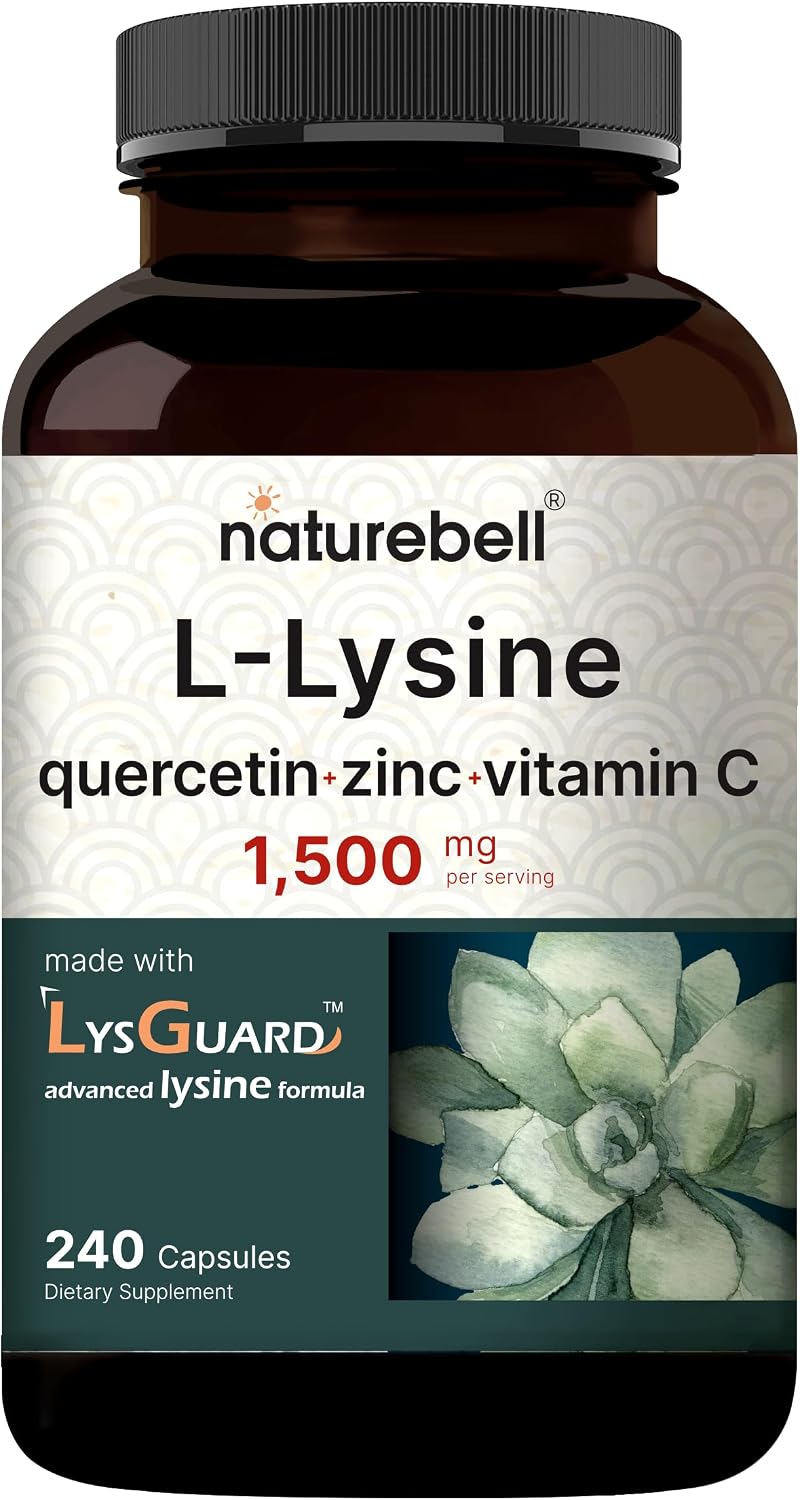 NatureBell L-Lysine 1,000mg Capsules + Quercetin 250mg with Vitamin C and Zinc, 240 Count | Free Form Amino Acids, L Lysine Complex | Non-GMO, Gluten Free