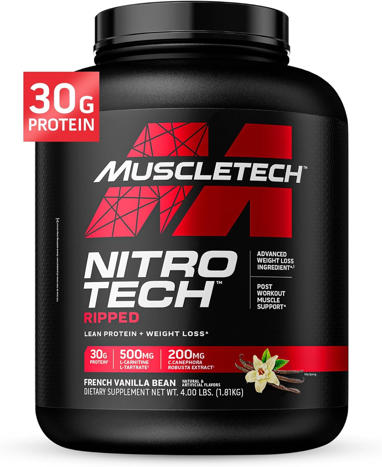 Muscletech Whey Protein Powder (French Vanilla Bean, 4LB) - Nitro-Tech Ripped Whey Protein Isolate & Peptides Smoothie Mix for Lean Muscle & Fast Recovery - 30g of Whey Protein for Women & Men