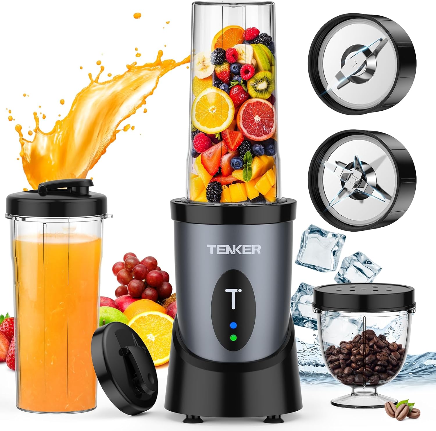 TENKER Portable Mini Blender, 900W Personal Smoothie Maker with 2x650ml Portable Blender Bottles, 2pcs To-Go Lids and 300ml Grinder, BPA-Free, for Juicer Fruit Nuts Ice