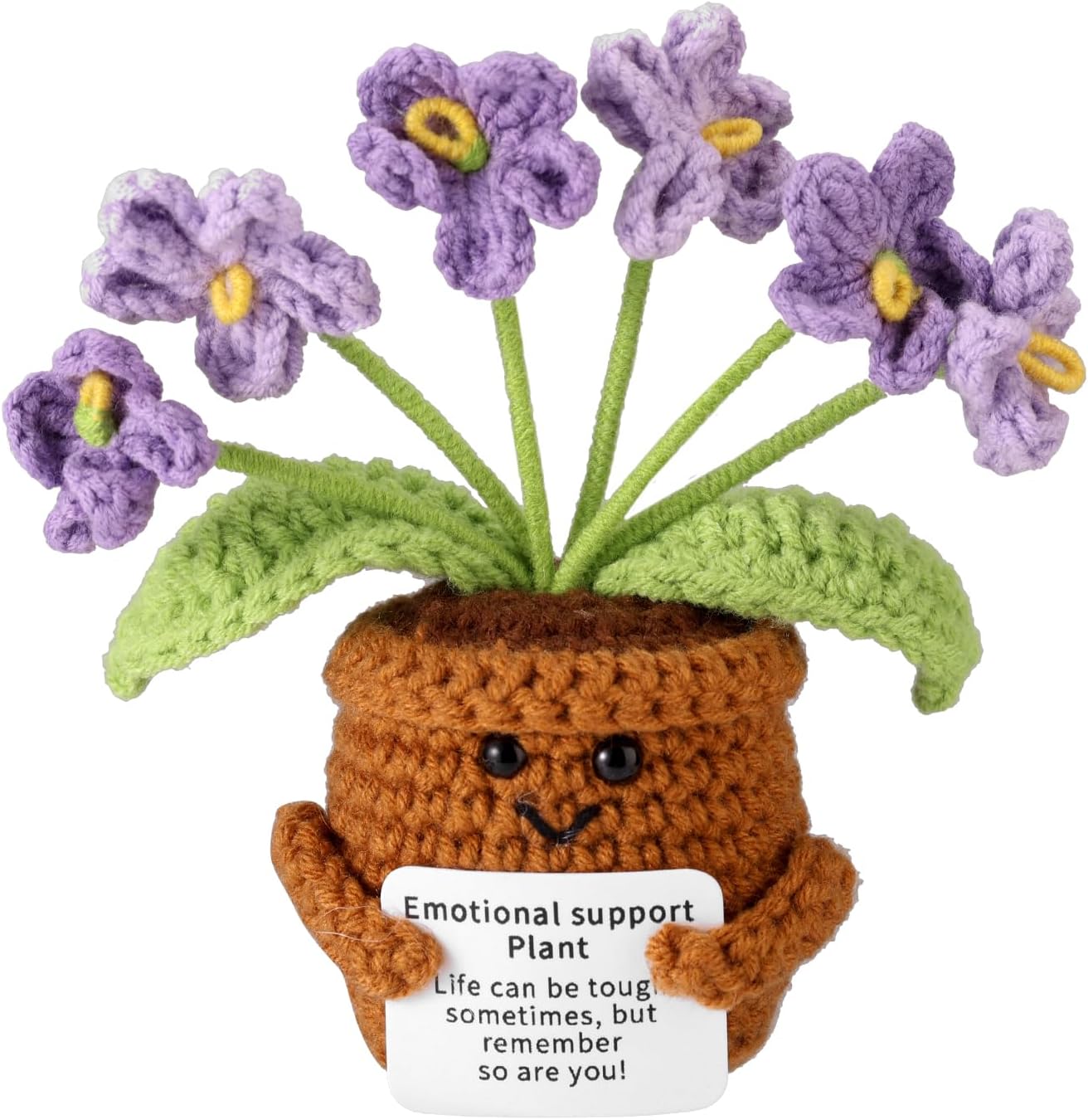 TOYMIS Positive Forget Me Not, Knitted Flower Pot Emotional Doll Support Crochet Plant for Inspirational Motivational Animal Toy Home Office Decoration Back to School Gifts(Gradient Purple)