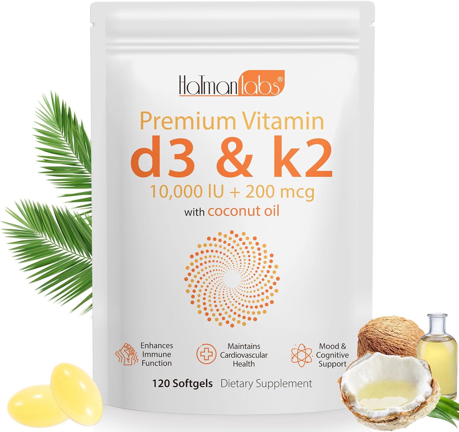 120 Count Vitamin D3 K2 Supplement Softgel, 2 in 1 Vitamins D & K Complex, Vitamin D3 K2 10000 IU Coconut Oil Supplement Softgel, Immune, Heart Health Support