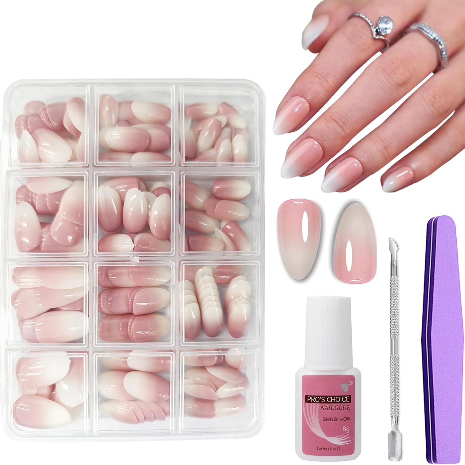 240Pcs False Nails Kit - Natural Gradient Pink Press on Nails Short Kit with Glue - Acrylic Oval Fake Nails Pink Tips, 12 Sizes Glossy Full Cover Stick on Ballerina Nail Art Manicure