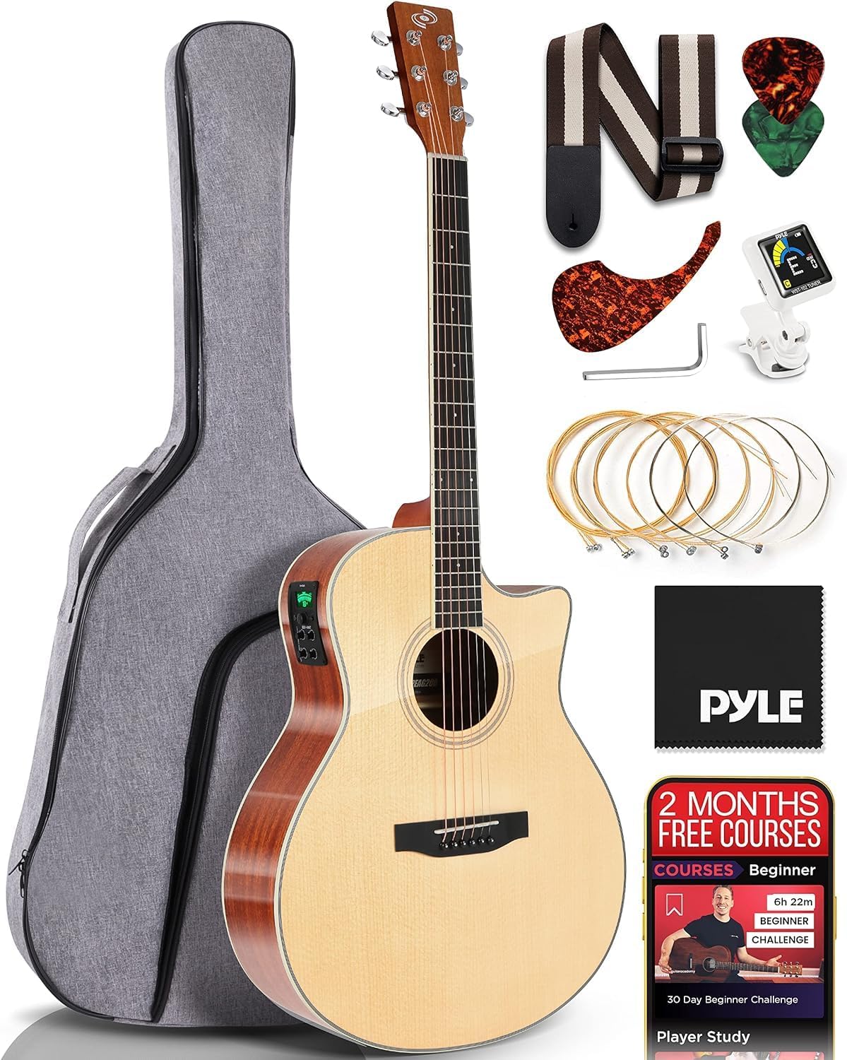 Pyle Premium Electric Acoustic Guitar with Spruce Top and Mahogany Sides - Full Size Standard Dreadnought Cutaway with Natural Matte Finish and Complete Starter Kit