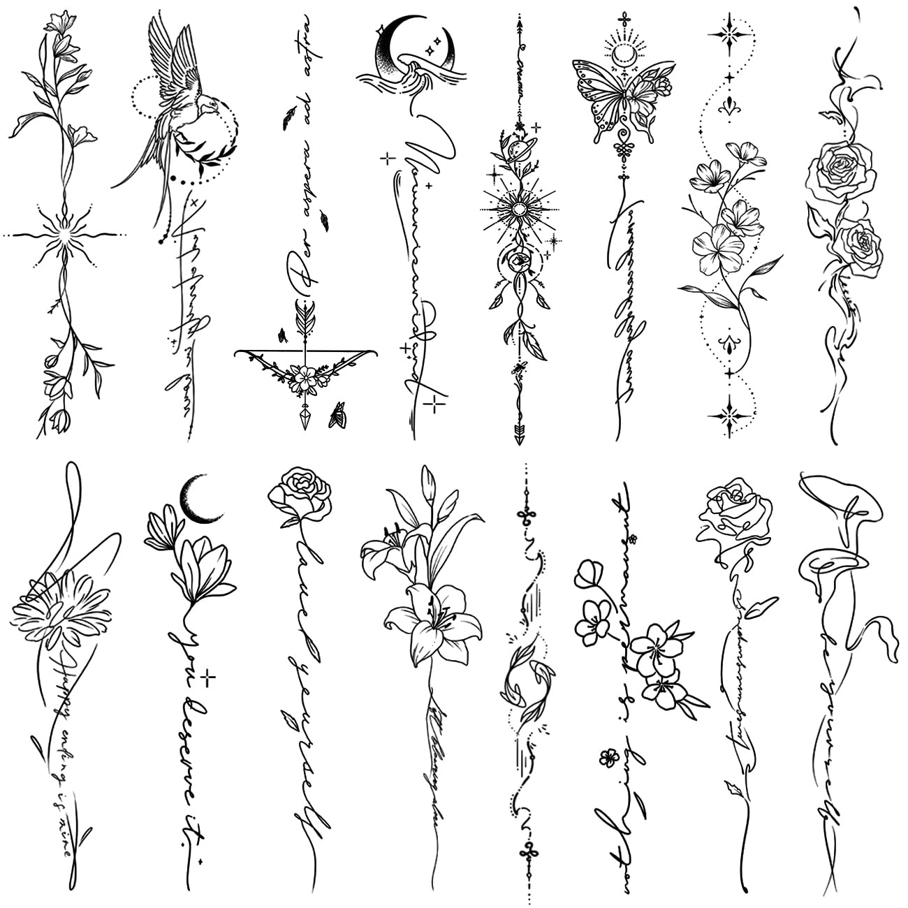 CHARLNET Temporary Tattoos for Women Girls - 45 Pcs Line Flower Words Sketch Realistic Long Last Fake Tattoos Waterproof Minimal Line Art Tattoos for Arm Backbone Leg Body