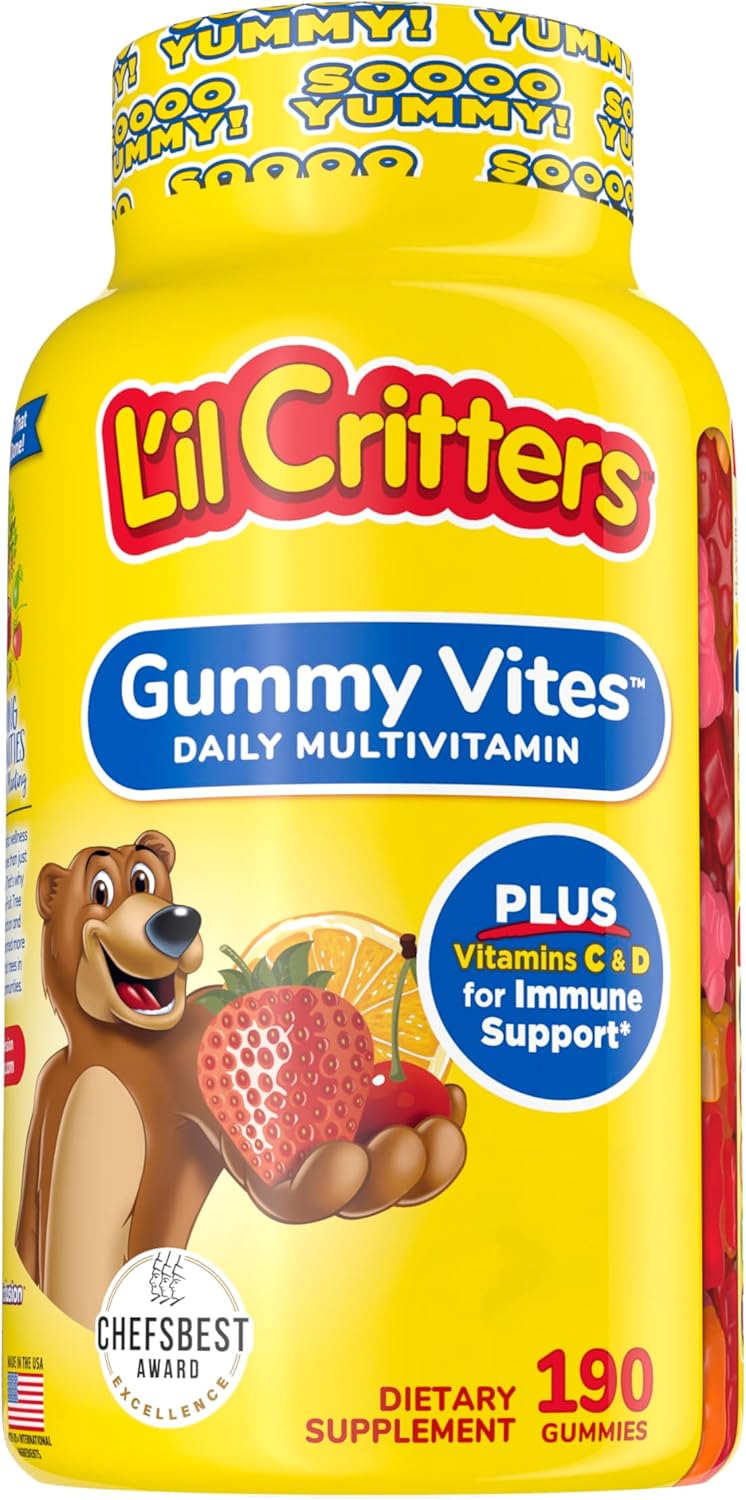 L'il Critters Gummy Vites Daily Kids Multivitamins Assorted Fruit Flavors for Ages 2+ Toddlers & Kids, Gummy Vitamin with Vitamin C and D, 95-190 Day Supply, 190 Gummies